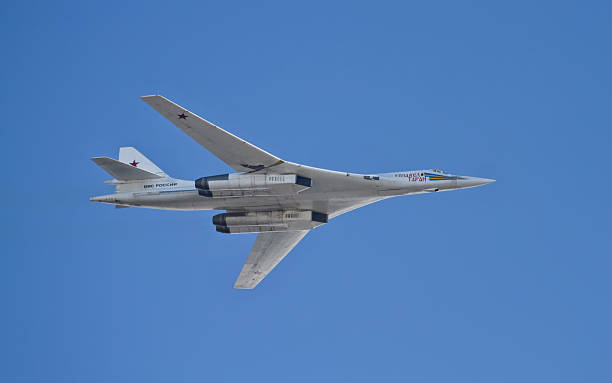 Supersonic strategic bomber TU-160 Pavel Taran Volgograd, Russia - January 30, 2016: Supersonic strategic bomber TU-160 Pavel Taran at the parade of military aviation in Volgograd tu160 stock pictures, royalty-free photos & images