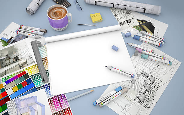 Architects desktop 3D rendering of an architect, decorator or designer desktop with an open blank layout notebook design color swatch painting plan stock pictures, royalty-free photos & images