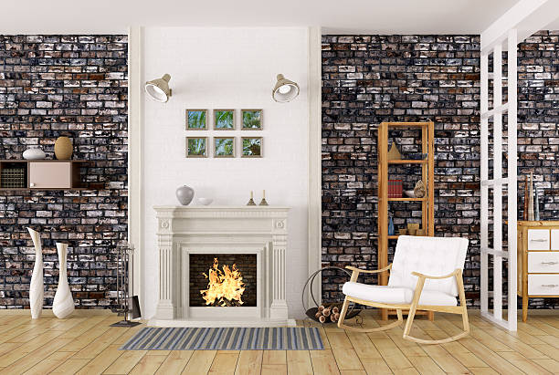 istock Interior of living room with fireplace 3d rendering 507910536