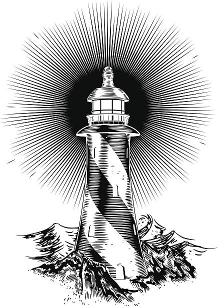 Wood block style lighthouse Original wood block or wood cut style lighthouse illustration lighthouse drawings stock illustrations