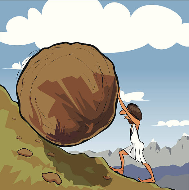 Sisyphus rolling a boulder Illustration of king Sisyphus rolling a boulder up the hill. sisyphus stock illustrations