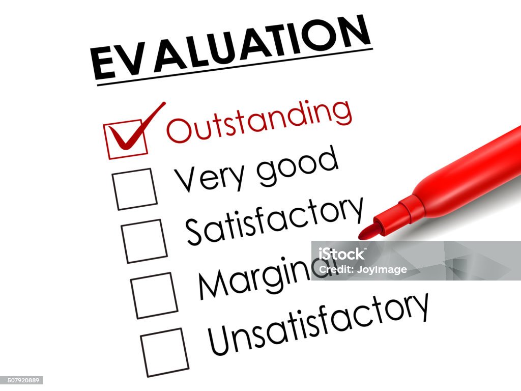 tick placed in outstanding check box with red pen tick placed in outstanding check box with red pen over evaluation survey Report Card stock vector