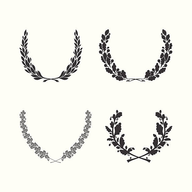 Set of vector black and white circular foliate wreaths Set of vector black and white circular foliate wreaths for award achievement heraldry and nobility laurel maryland stock illustrations
