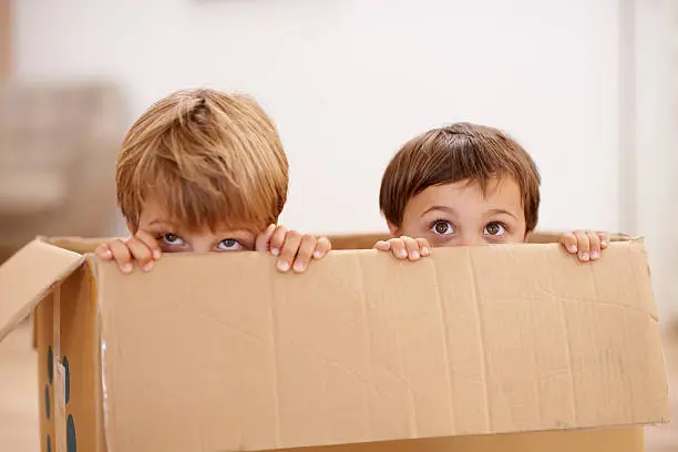 Two adorable young boys peeking out of a cardboard box