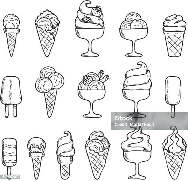 Glace Noir Et Blanc Dicônes Ensemble De Croquis Style Vecteurs libres de droits et plus d'images vectorielles de Aliment