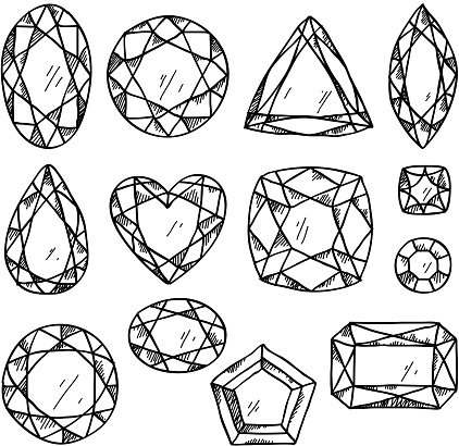Set of black and white jewels. Hand drawn gemstones. Sketch style illustration.