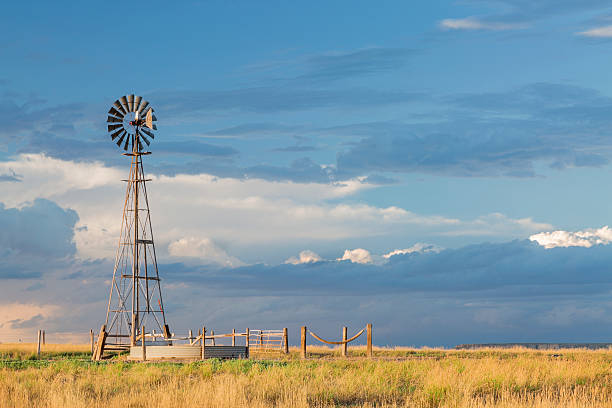 windmill in Colorado prairie windmill with a pump  and cattle water tank in shortgrass prairie, iPawnee National Grassland in Colorado near Grover national grassland stock pictures, royalty-free photos & images