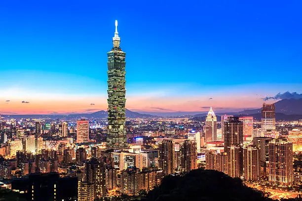 View of Taipei World Trade Center and Taipei 101 in Xinyi Business District at dusk. The middle of building ranked worlds tallest from 2004 until 2010.