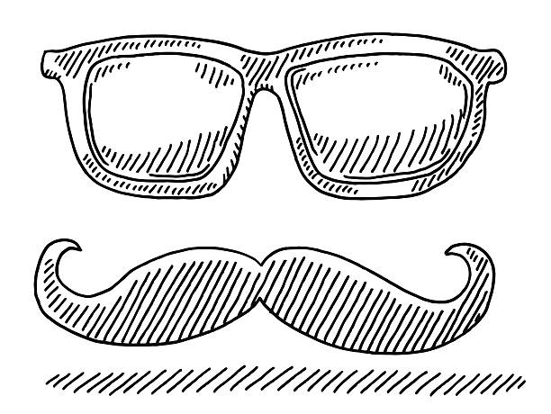 Hipster Glasses Mustache Drawing Hand-drawn vector drawing of a pair of Hipster Glasses and a Mustache. Black-and-White sketch on a transparent background (.eps-file). Included files are EPS (v10) and Hi-Res JPG. black and white eyeglasses clip art stock illustrations