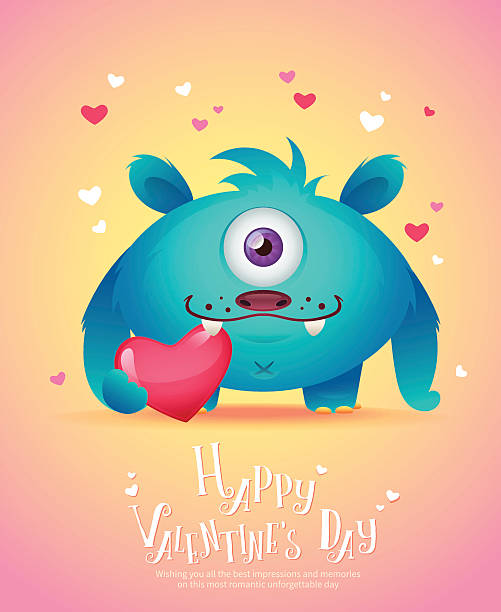ilustraciones, imágenes clip art, dibujos animados e iconos de stock de monstruo de historieta con corazón de tarjeta del día de san valentín - monster alien love animal