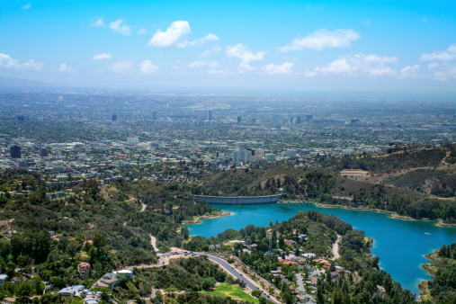 View of the Hollywood Reservoir from atop Mount Hollywood. Taken facing Southwest toward Compton, Inglewood, and Long Beach.