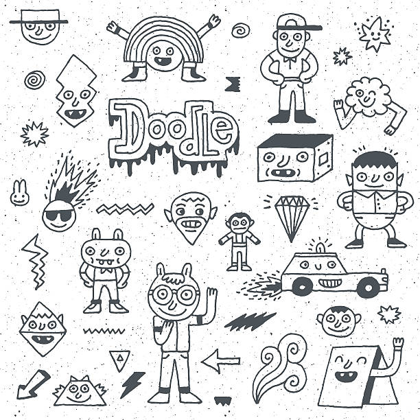 verschiedene abstrakte lustige zeichen. lustige doodle set 1. - sweet tooth in a row stock-grafiken, -clipart, -cartoons und -symbole