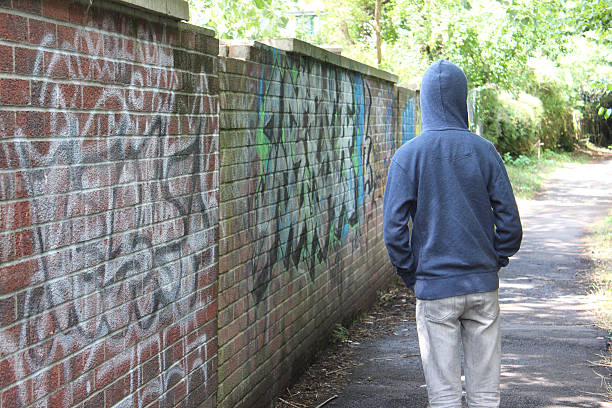 Image of teenage boy / youth wearing hoodie, beside graffiti wall Photo showing a teenage boy / youth wearing a blue hoodie and standing beside a brick wall in an overgrown alleyway, in a run-down part of the city. gang photos stock pictures, royalty-free photos & images