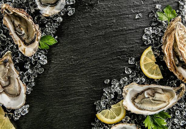 istock Oysters served on stone plate with ice drift 507959238