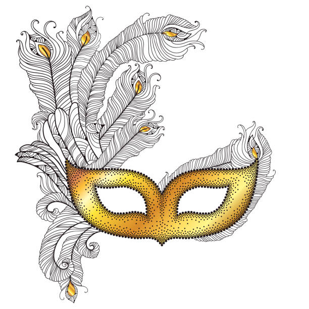 ilustraciones, imágenes clip art, dibujos animados e iconos de stock de oro de máscara de carnaval veneciano con pavo real plumas de ganso aislado sobre blanco. - peacock feather outline black and white