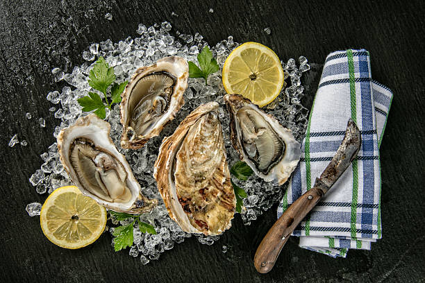 istock Oysters served on stone plate with ice drift 507959304