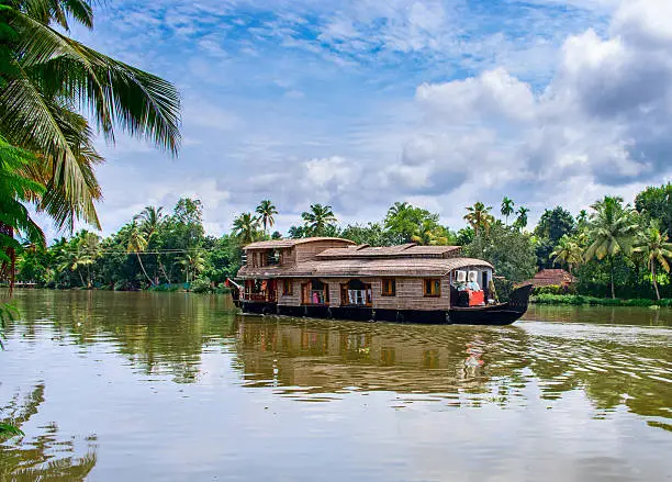 Traditional Indian houseboat near Alleppey  on Kerala backwaters, India
