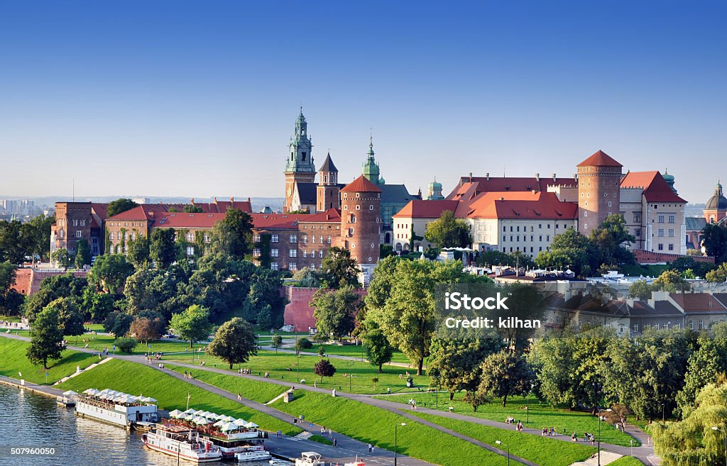 Krakow, Poland. Old city skyline Panorama of Crcacow, Poland, with Vistula riverbank, harbor, park, Wawel Hill and cathedral towers Krakow Stock Photo