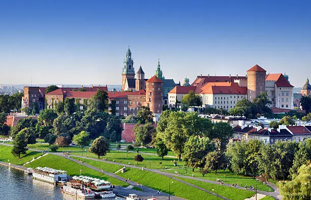 Panorama of Crcacow, Poland, with Vistula riverbank, harbor, park, Wawel Hill and cathedral towers