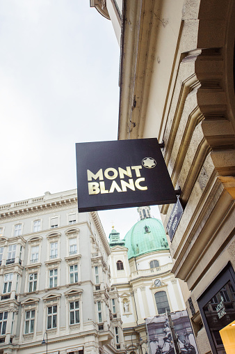 Vienna, Austria - July 4, 2011: Montblanc sign located in the famous Graber shopping street in Vienna. Montblanc is the one of the largest luxury watch and accesories brand in the world and produces watch with gold case, a gold strap and water resistant up to 30 meters.