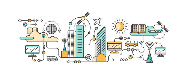 ilustrações, clipart, desenhos animados e ícones de a tecnologia inteligente em infra-estruturas da cidade - central de energia solar