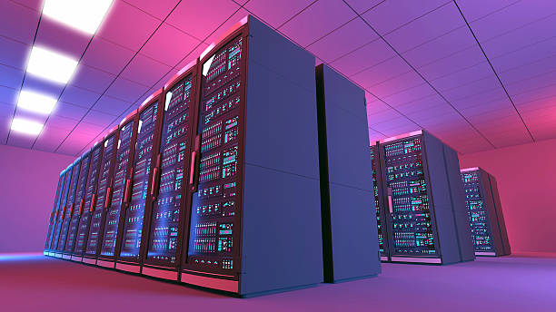 istock Futuristic data center room with three rows of black servers 507964710