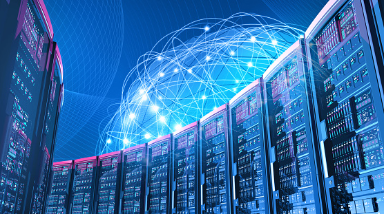 Futuristas centro datos con servidores, azul de conexión de red global photo