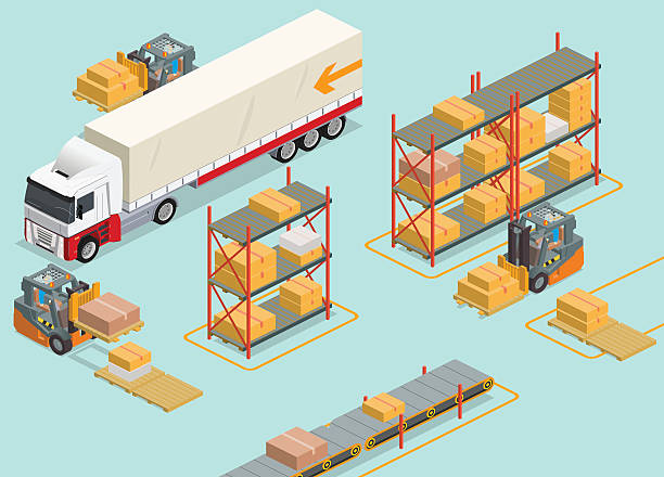 ilustrações, clipart, desenhos animados e ícones de isometric armazém - distribution warehouse forklift freight transportation pallet