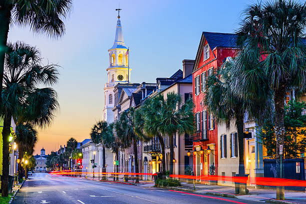 Charleston South Carolina Charleston, South Carolina, USA cityscape in the historic French Quarter at twilight. south carolina stock pictures, royalty-free photos & images