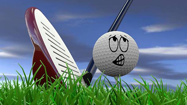 Cartoon golf ball being hit with driver stock photo