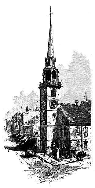 ilustrações, clipart, desenhos animados e ícones de antigo ilustração de velho sul igreja, boston - old new england boston illustration and painting