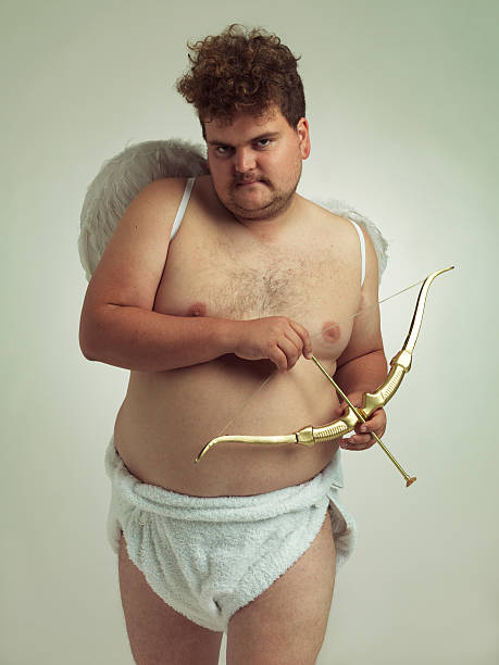 He's bringing the love this Valentine's! An obese man dressed as a cherub while  isolated fat guy no shirt stock pictures, royalty-free photos & images