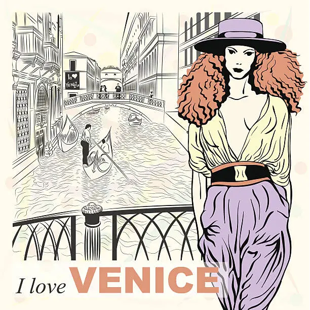 Vector illustration of Vector lovely fashion girl on a Venice background