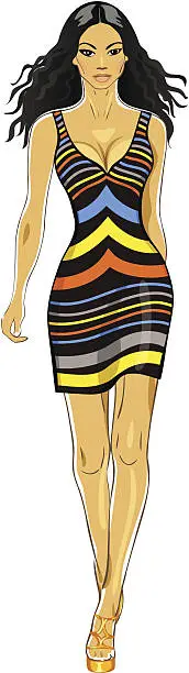 Vector illustration of vector beautiful Asian girl in a striped dress