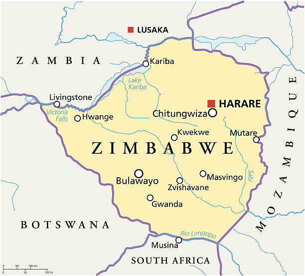 Zimbabwe Political Map Political map of Zimbabwe with capital Harare, with national borders, most important cities, rivers and lakes. Illustration with English labeling and scaling. lake kariba stock illustrations