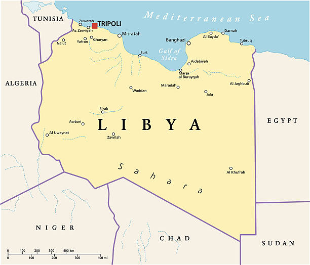 Libya Political Map Political map of Libya with capital Tripoli, with national borders and most important cities. Illustration with English labeling and scaling. libya stock illustrations