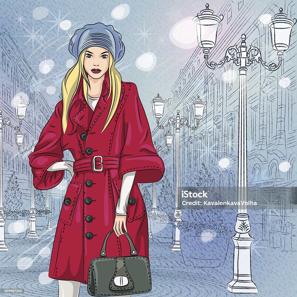 Fille belle mode vecteur sur le paysage urbain de Noël - clipart vectoriel de A la mode libre de droits