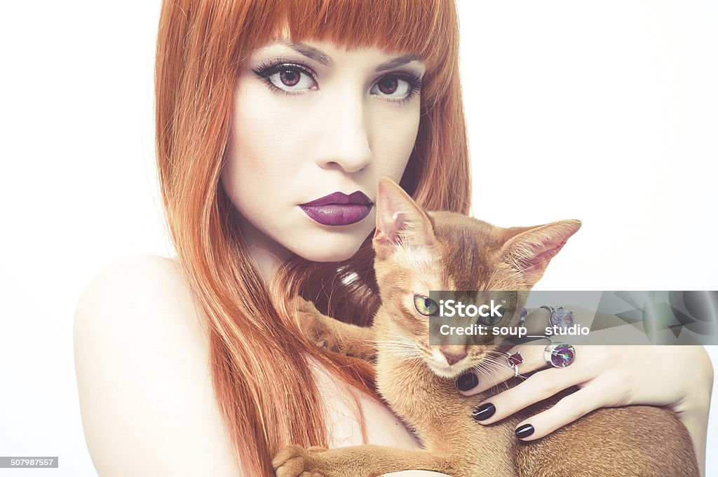 Beautiful lady with Abyssinian cat Fashionable photo of elegant lady with Abyssinian cat 20-24 Years Stock Photo