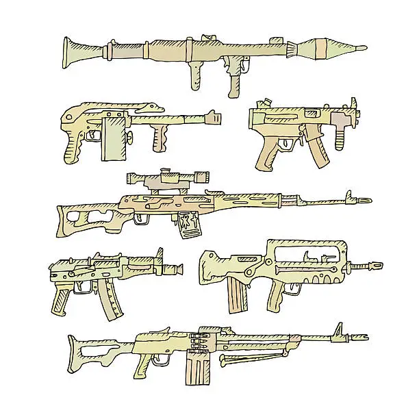 Vector illustration of Heavy weapons in doodle style.