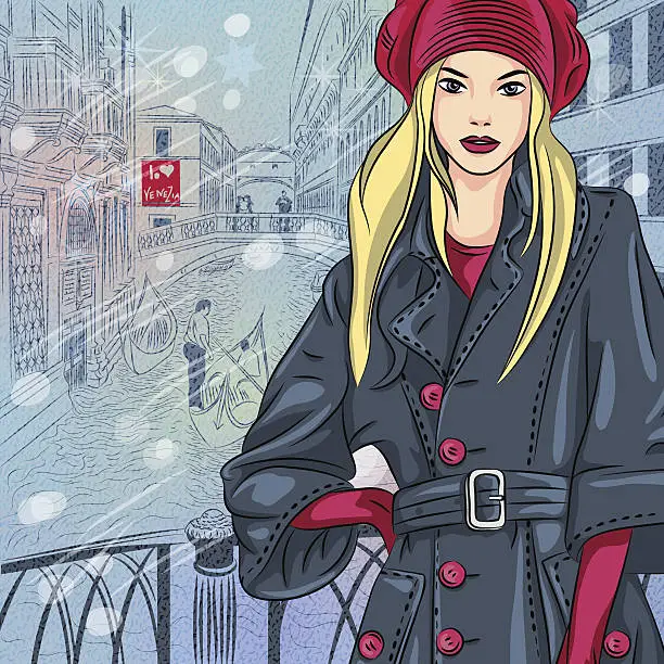 Vector illustration of Christmas cityscape with beautiful fashion girl on Bridge of Sighs