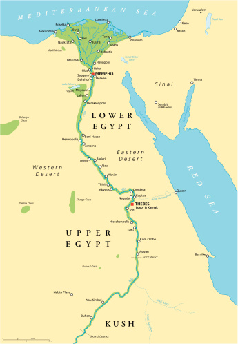 Historical map of Ancient Egypt with most important sights, with rivers and lakes. Illustration with English labeling and scaling.