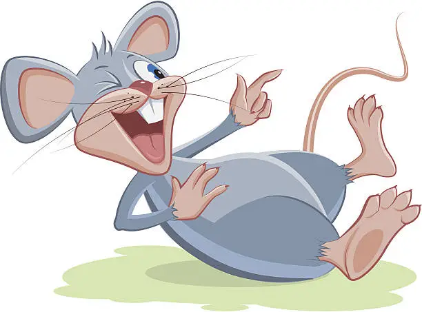 Vector illustration of Gray mouse lies and laughs