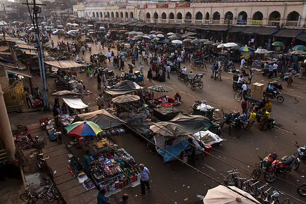 Crowded Main street in India - Puri.