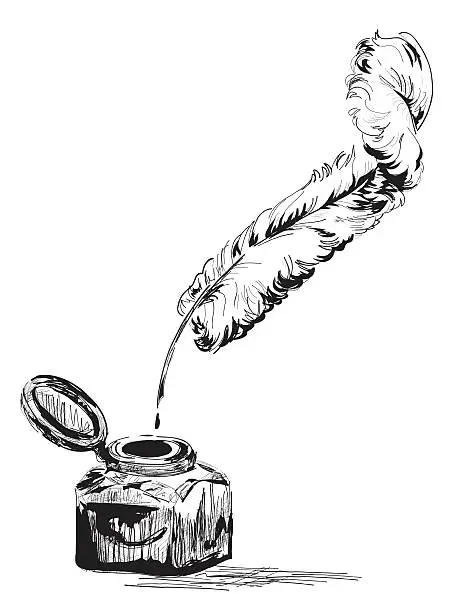 Vector illustration of Hand Drawn Sketchy Ink Bottle and Feather Quill Pen