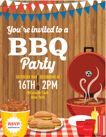 Summer picnic and BBQ invitation flyer or template. Text is on its own layer for easy editing. There are bunting flags across the top with a bucket of fried chicken, hamburgers and drinks. Wood background.