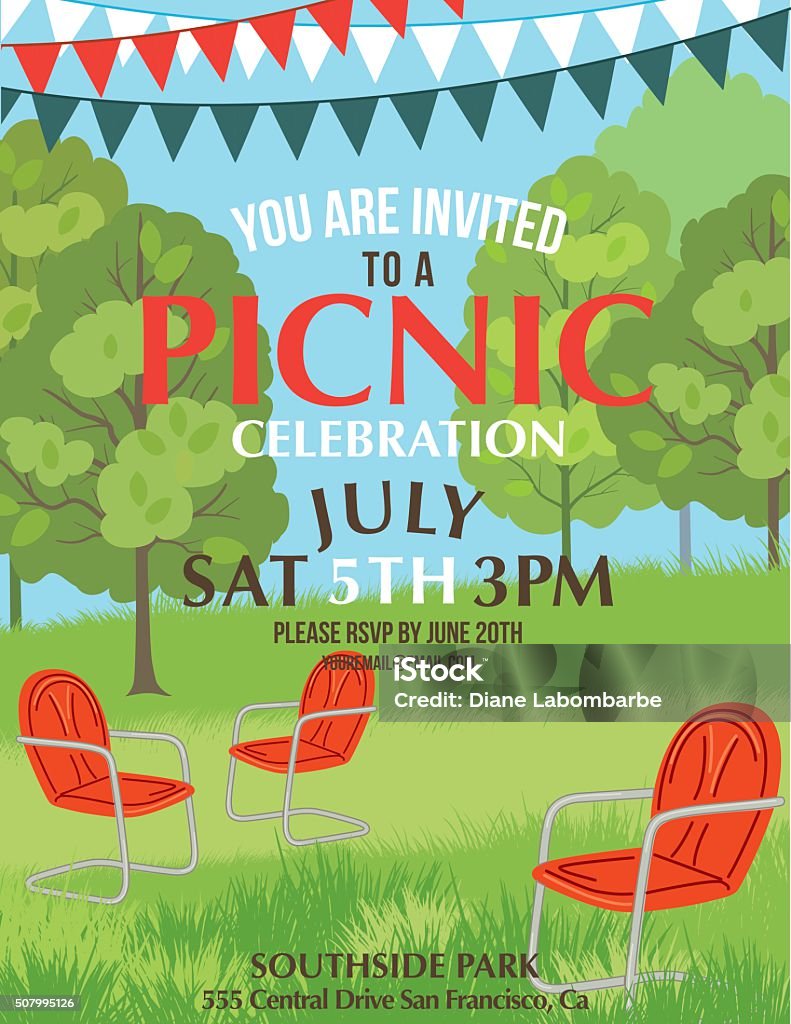 Summer Picnic Party Invitation Template Summer picnic and BBQ invitation flyer or template. Text is on its own layer for easy editing. There are bunting flags across the top and a lawn chairs in the grass. The background is a park. Picnic stock vector
