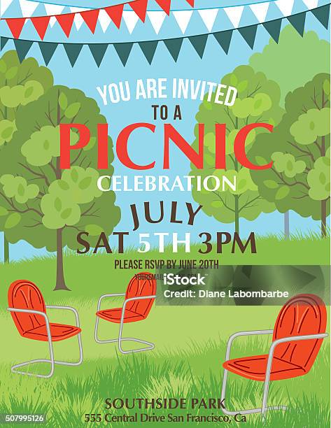 Summer Picnic Party Invitation Template Stock Illustration - Download Image Now - Picnic, Invitation, Summer