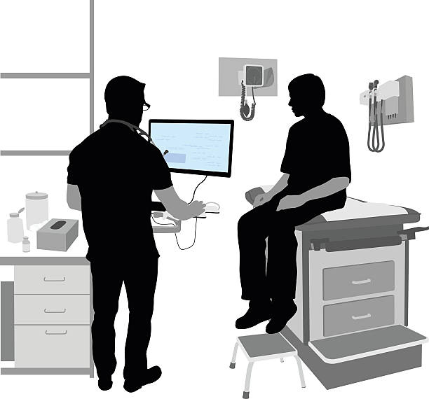 Doctor's Office Computer A vector silhouette illustration of a teenage boy visiting the doctor.  He sits on the exam table while the doctor looks up informaiton on his computer.  Medical equipment and supplies are present. medicine silhouettes stock illustrations