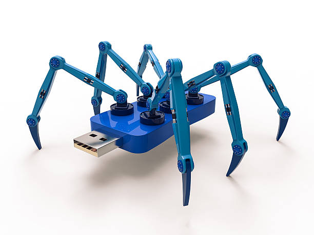 Blue Robot USB Flash Spider Mechanical Spider Robot flash pen stick, isolated on white background. 3D Render graphic robot spider stock pictures, royalty-free photos & images