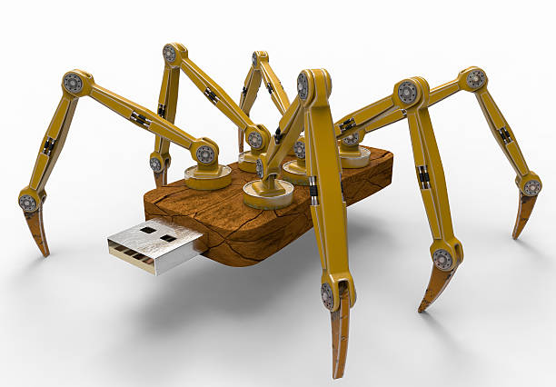 Yellow Robot USB Flash Spider Mechanical Spider Robot flash pen stick, isolated on white background. 3D Render graphic robot spider stock pictures, royalty-free photos & images